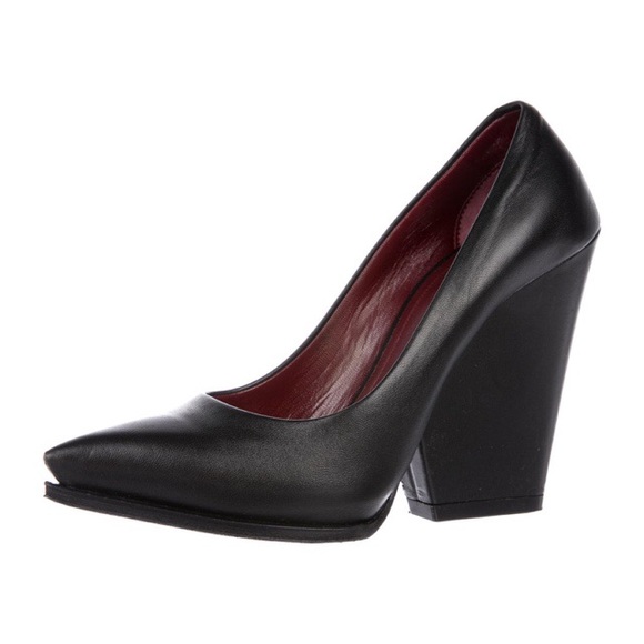 Celine Shoes - CELINE Paris Leather Pointed-Toe Wedges Pumps